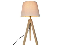 Große Tischlampe mit Holz Dreibein & E27 Leinen Lampenschirm Beige, Höhe 55cm