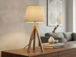 Große Tischlampe mit Holz Dreibein & E27 Leinen Lampenschirm Beige, Höhe 55cm