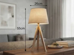 Große Tischlampe mit Holz Dreibein & E27 Leinen Lampenschirm Beige, Höhe 55cm