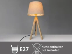 Große Tischlampe mit Holz Dreibein & E27 Leinen Lampenschirm Beige, Höhe 55cm