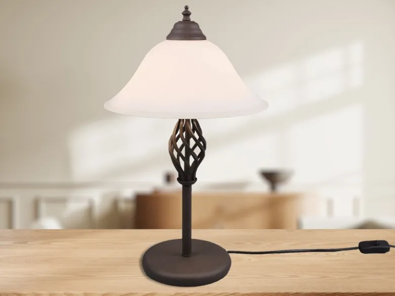 Große Tischlampe RUSTICA Landhausstil Rostoptik mit Glasschirm, Höhe 50cm