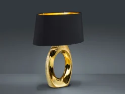 Große Tischlampe TABA Keramik Gold mit E27 Stoffschirm Schwarz, Höhe 52cm