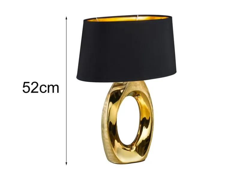 Große Tischlampe TABA Keramik Gold mit E27 Stoffschirm Schwarz, Höhe 52cm