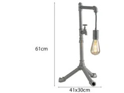 Große Tischleuchte AMARCORD in Wasserrohr Optik, Grau antik, Höhe 61cm