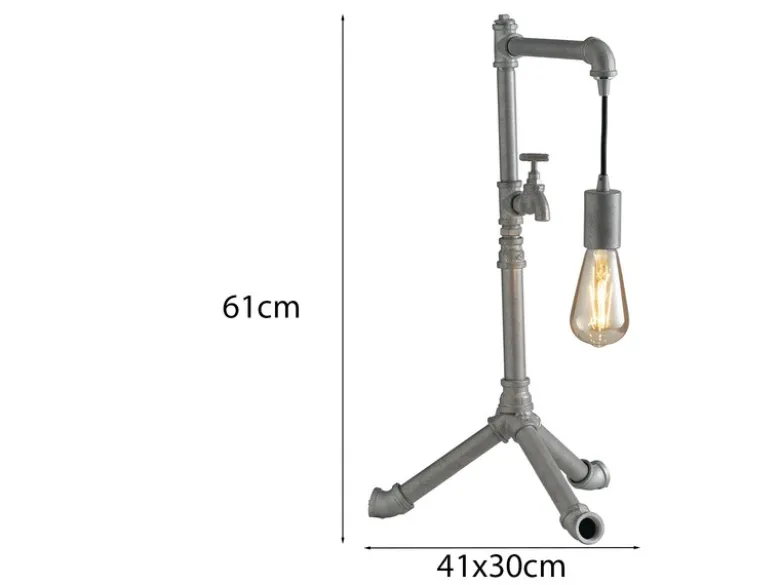 Große Tischleuchte AMARCORD in Wasserrohr Optik, Grau antik, Höhe 61cm