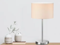 Große Tischleuchte HOTEL Silber mit Stoffschirm Weiß, Höhe 55cm