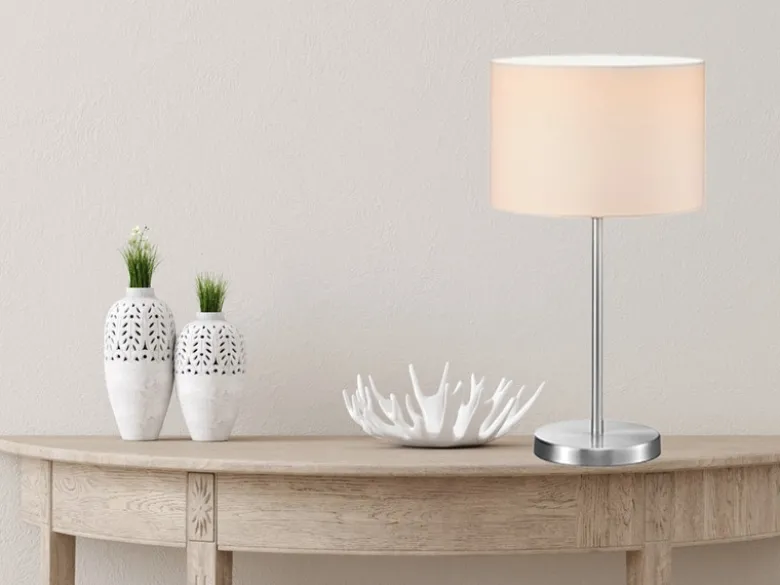 Große Tischleuchte HOTEL Silber mit Stoffschirm Weiß, Höhe 55cm