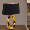 Große Tischleuchte Keramik Gold mit Stoffschirm Schwarz & E27 LED, Höhe 52cm