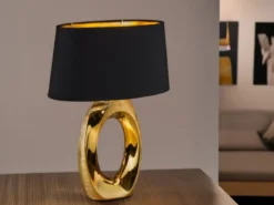 Große Tischleuchte Keramik Gold mit Stoffschirm Schwarz & E27 LED, Höhe 52cm