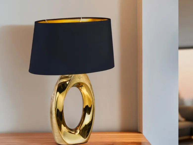 Große Tischleuchte Keramik Gold mit Stoffschirm Schwarz & E27 LED, Höhe 52cm