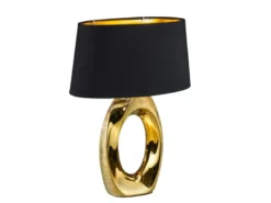 Große Tischleuchte Keramik Gold mit Stoffschirm Schwarz & E27 LED, Höhe 52cm