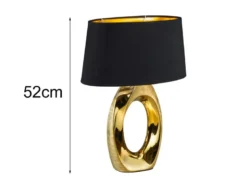 Große Tischleuchte Keramik Gold mit Stoffschirm Schwarz & E27 LED, Höhe 52cm