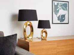 Große Tischleuchte Keramik Gold mit Stoffschirm Schwarz & E27 LED, Höhe 52cm