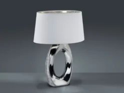 Große Tischleuchte Keramik Silber mit Stoffschirm Weiß & E27 LED, Höhe 52cm
