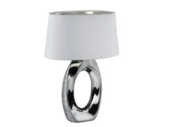 Große Tischleuchte Keramik Silber mit Stoffschirm Weiß & E27 LED, Höhe 52cm