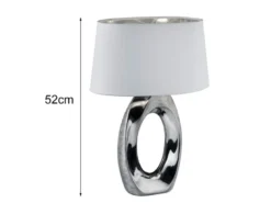 Große Tischleuchte Keramik Silber mit Stoffschirm Weiß & E27 LED, Höhe 52cm
