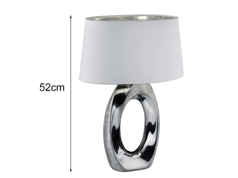 Große Tischleuchte Keramik Silber mit Stoffschirm Weiß & E27 LED, Höhe 52cm