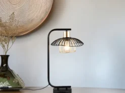 Große Tischleuchte LAURIS mit Gitter Lampenschirm Schwarz Gold, Höhe 44cm