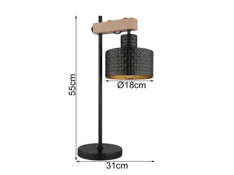 Große Tischleuchte RIELLY Metall mit Stanzmuster Schwarz Gold, Höhe 55cm