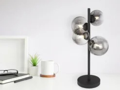 Große Tischleuchte RIHA Schwarz 4-flammig mit Glaskugeln Rauchglas, Höhe 51cm