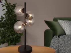 Große Tischleuchte RIHA Schwarz 4-flammig mit Glaskugeln Rauchglas, Höhe 51cm