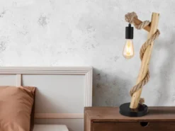 Große Tischleuchte ULLEU mit Hanfseil und Holzstab, Höhe 53,5cm