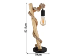 Große Tischleuchte ULLEU mit Hanfseil und Holzstab, Höhe 53,5cm