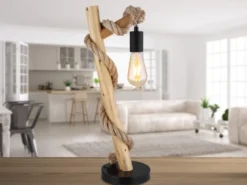 Große Tischleuchte ULLEU mit Hanfseil und Holzstab, Höhe 53,5cm