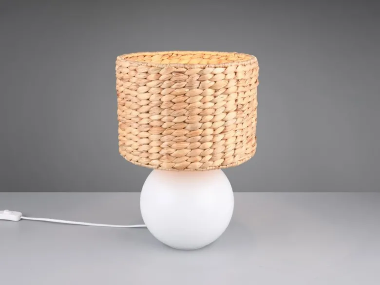 Große Tischleuchte VINA Keramikfuß Weiß mit Seegras Lampenschirm, Höhe 40cm