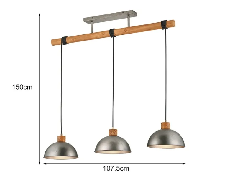 Holzbalken Pendelleuchte DELHI 3-flammig lang, Höhe 150 - 210cm, Breite: 107,5cm