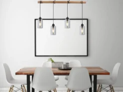 Holzbalken Pendelleuchte HADERA mit 4 Rauchglas Lampenschirmen, Breite 98cm