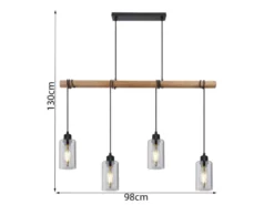Holzbalken Pendelleuchte HADERA mit 4 Rauchglas Lampenschirmen, Breite 98cm