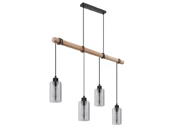 Holzbalken Pendelleuchte HADERA mit 4 Rauchglas Lampenschirmen, Breite 98cm