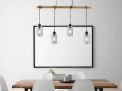 Holzbalken Pendelleuchte HADERA mit 4 Rauchglas Lampenschirmen, Breite 98cm