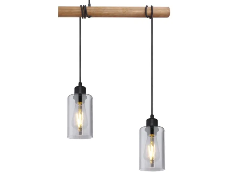 Holzbalken Pendelleuchte HADERA mit 4 Rauchglas Lampenschirmen, Breite 98cm
