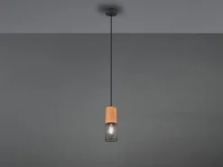 Industrial LED Pendellampe mit Drahtkorb Schwarz matt und Holzfassung, Ø 10cm