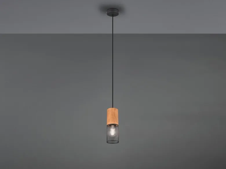 Industrial LED Pendellampe mit Drahtkorb Schwarz matt und Holzfassung, Ø 10cm