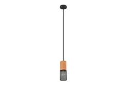 Industrial LED Pendellampe mit Drahtkorb Schwarz matt und Holzfassung, Ø 10cm