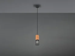 Industrial LED Pendellampe mit Drahtkorb Schwarz matt und Holzfassung, Ø 10cm