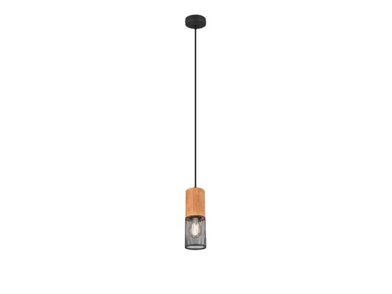 Industrial LED Pendellampe mit Drahtkorb Schwarz matt und Holzfassung, Ø 10cm