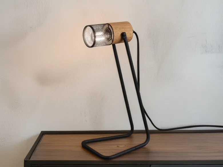 Industrial LED Tischlampe Metallgeflecht Metallschirm und Holzsockel, Höhe 40cm