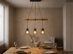 Industrial Pendelleuchte IONA 3-flammig Metall Schwarz mit Holzbalken, B: 75cm
