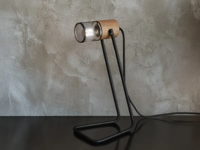 Industrial TOSH Tischlampe Metallgeflecht Metallschirm und Holzsockel, Höhe 40cm