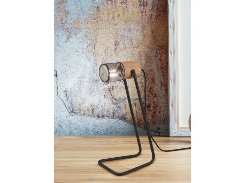 Industrial TOSH Tischlampe Metallgeflecht Metallschirm und Holzsockel, Höhe 40cm