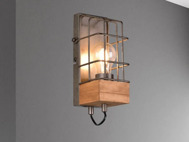 Industrial Wandlampe TINCO 1-flammig mit Gitter und Holz, Höhe 22,5cm