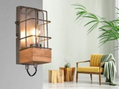 Industrial Wandlampe TINCO 1-flammig mit Gitter und Holz, Höhe 22,5cm