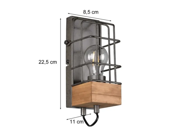 Industrial Wandlampe TINCO 1-flammig mit Gitter und Holz, Höhe 22,5cm