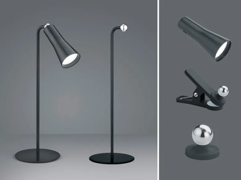 3 in 1 LED Akku Tischleuchte MAXI mit Klemm- & Klebestation, Schwarz H: 36cm