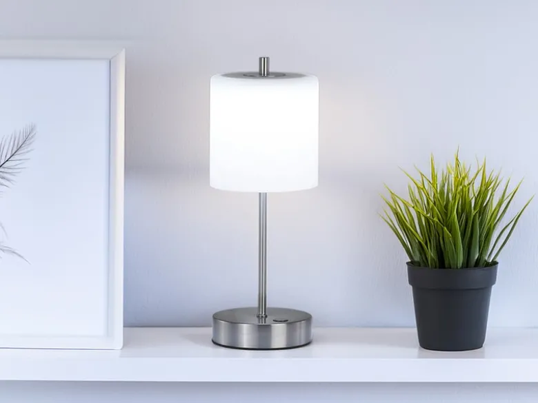 Kabellose Akku Tischleuchte RIVA Silber / Opalglas dimmbar, Höhe 34,5cm