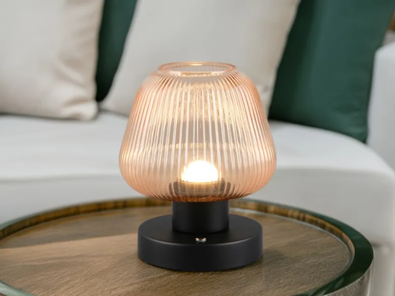 Kabellose LED Akku Tischleuchte QUENYA Glasschirm Bernstein, Höhe 18cm